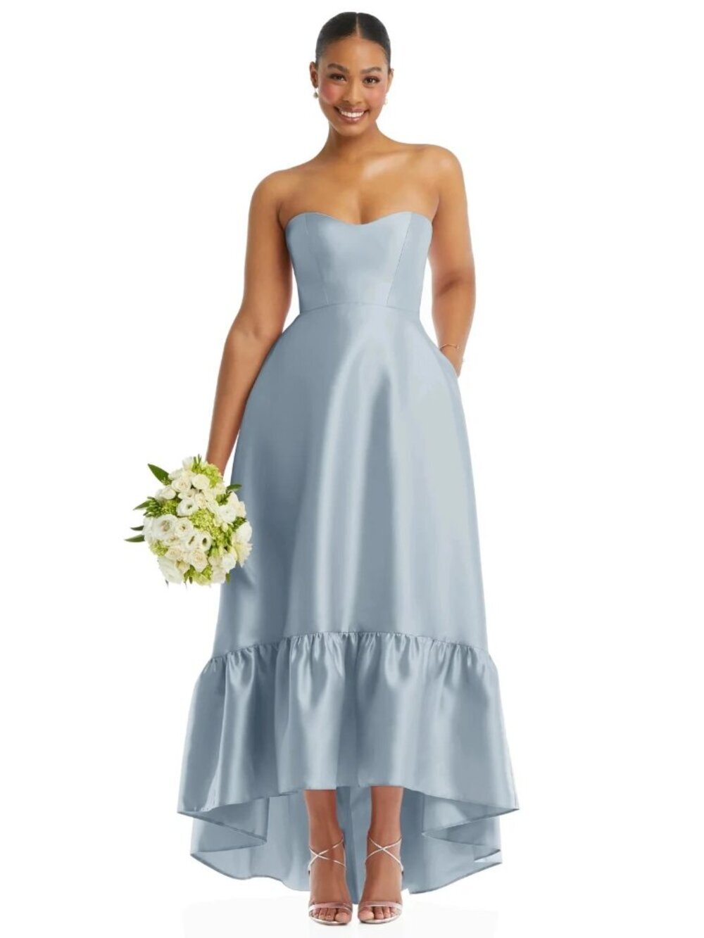 Alfred Sung Mist Blue Strapless Ruffle High-Low Satin Gown D838